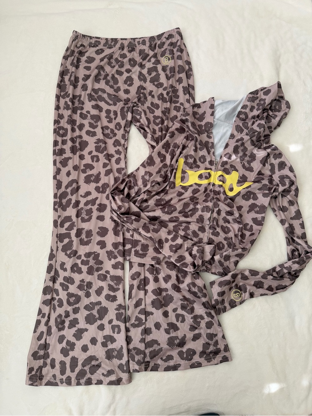 Leopard Print Wide-Leg Pants & Hoodie Set - Taupe/Brown